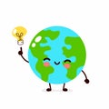 Happy cute Earth planet with lightbulb