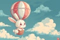 Happy Cute easter bunny flies in a hot air balloon. AI generative