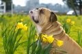 Happy cute english bulldog dog in the spring field