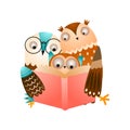 Happy cute family of owl reading a red book Royalty Free Stock Photo