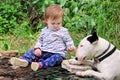 Happy cute female baby and dog is sitting in garden. Child is playing with English Bull Terrier white dog outside in park. Royalty Free Stock Photo