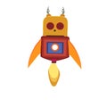 A happy cute flying red robot man with boosters on his feet taking off and waving,in open spAce