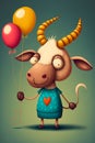 Happy Cute funny goat, balloon, heart. cartoon digital illustration Royalty Free Stock Photo