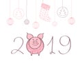 Happy cute funny pink pig 2019. Hand drawn calligraphic cartoon symbol for New Year holiday design, postcard, greeting