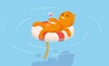 Happy cute ginger cat swimming in the water, use life ring. character cartoon of a cat in flat vector style.