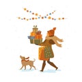 Happy cute girl with a dog shopping walking with christmas gifts presents bags, isolated vector illustration