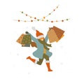 Happy cute girl jumping for joy with shopping bags, christmas winter sale isolated vector illustration