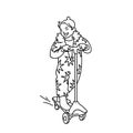 Happy cute girl in jumpsuit with stars riding a scooter. Monochrome vector illustration of little girl on a scooter in Royalty Free Stock Photo