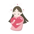 Happy cute girl`s hugging heart with love feeling, vector cartoon illustration