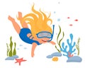 A cute little girl in a red swimsuit and a snorkeling mask swims in the ocean. The red-haired girl swims underwater