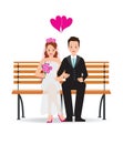 Happy Cute groom and bride cartoon sitting on bench isolated