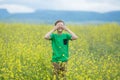 Happy cute handsome little kid boy on green grass lawn with blooming yellow dandelion flowers on sunny spring or summer day. Littl Royalty Free Stock Photo