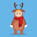 Happy cute kid in the christmas deer costume. Child and funny