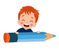 Happy cute kid girl holding big pencil Royalty Free Stock Photo