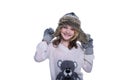 Happy cute kid posing in the studio isolated on white background. Wearing winter clothes. Knitted woolen sweater, scarf, hat Royalty Free Stock Photo