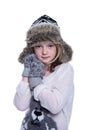 Happy cute kid posing in the studio isolated on white background. Wearing winter clothes. Knitted woolen sweater, scarf, hat Royalty Free Stock Photo