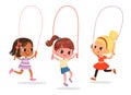 Happy cute kids girls play jump rope. Cartoon Illustration of children playing Jump rope. Vector Royalty Free Stock Photo