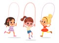 Happy cute kids girls play jump rope. Cartoon Illustration of children playing Jump rope. Vector