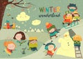 Happy cute kids playing winter games. Hello winter Royalty Free Stock Photo