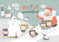 Happy cute kids playing winter games with Santa Claus. Hello winter Royalty Free Stock Photo