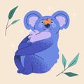 Happy cute koala. Funny Australian bear with butterfly sitting on nose. Adorable lovely baby character. Lazy fluffy Royalty Free Stock Photo