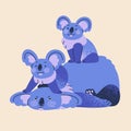 Happy cute koalas, animal family. Funny Australian bear mother and kids, babies. Adorable children character and parent
