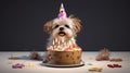 Happy cute labradoodle dog wearing a party hat celebrating at a birthday party. Generative AI