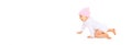 Happy cute little baby crawling in pink hat on the floor on white background, banner blank copy space for advertising text Royalty Free Stock Photo