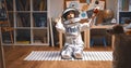 Happy cute little boy child in astronaut suit playing space ship pilot, flying rocket toy sitting on the floor in room. Royalty Free Stock Photo