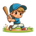 Happy cute little boy playing baseball softball in action cartoon vector illustration, hitter swinging with bat design template Royalty Free Stock Photo