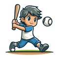 Happy cute little boy playing baseball softball in action cartoon vector illustration, hitter swinging with bat design template Royalty Free Stock Photo