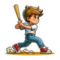 Happy cute little boy playing baseball softball in action cartoon vector illustration, hitter swinging with bat design template Royalty Free Stock Photo