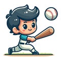 Happy cute little boy playing baseball softball in action cartoon vector illustration, hitter swinging with bat design template Royalty Free Stock Photo