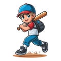 Happy cute little boy playing baseball softball in action cartoon vector illustration, hitter swinging with bat design template Royalty Free Stock Photo