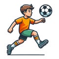 Happy cute little boy playing soccer football game in action cartoon vector illustration, kid player kicking ball design template Royalty Free Stock Photo