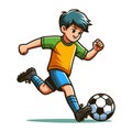 Happy cute little boy playing soccer football game in action cartoon vector illustration, kid player kicking ball design template Royalty Free Stock Photo