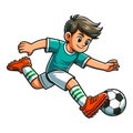 Happy cute little boy playing soccer football game in action cartoon vector illustration, kid player kicking ball design template Royalty Free Stock Photo