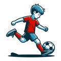 Happy cute little boy playing soccer football game in action cartoon vector illustration, kid player kicking ball design template Royalty Free Stock Photo