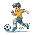 Happy cute little boy playing soccer football game in action cartoon vector illustration, kid player kicking ball design template Royalty Free Stock Photo