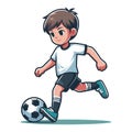 Happy cute little boy playing soccer football game in action cartoon vector illustration, kid player kicking ball design template Royalty Free Stock Photo