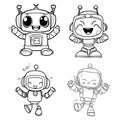 Happy Cute little cartoon robots jumping set. Doodle style line art. Isolated vector illustration. Royalty Free Stock Photo
