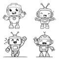 Happy Cute little cartoon robots set. Doodle style line art. Isolated vector illustration. Royalty Free Stock Photo