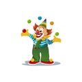 happy cute little clown juggles balls and amuses kids celebrating Halloween in a clown costume.Vector illustration Royalty Free Stock Photo