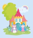 Happy cute little fairies princess with crowns and castle tale cartoon Royalty Free Stock Photo