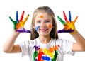 Happy cute little girl with colorful painted hands Royalty Free Stock Photo