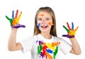 Happy cute little girl with colorful painted hands isolated Royalty Free Stock Photo