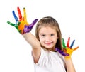 Happy cute little girl with colorful painted hands Royalty Free Stock Photo