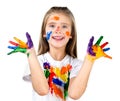 Happy cute little girl with colorful painted hands Royalty Free Stock Photo