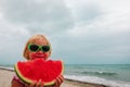 Happy cute little girl eating watermelon at beach Royalty Free Stock Photo