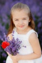 Happy cute little girl in lavender field holding bouquet of purple flowers. Royalty Free Stock Photo